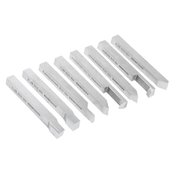 Accusize - 8 pcs H.S.S. Tool Bit Set, Pre-Ground for Turning & Facing Work, 1/4", 5/16", 3/8" & 1/2"