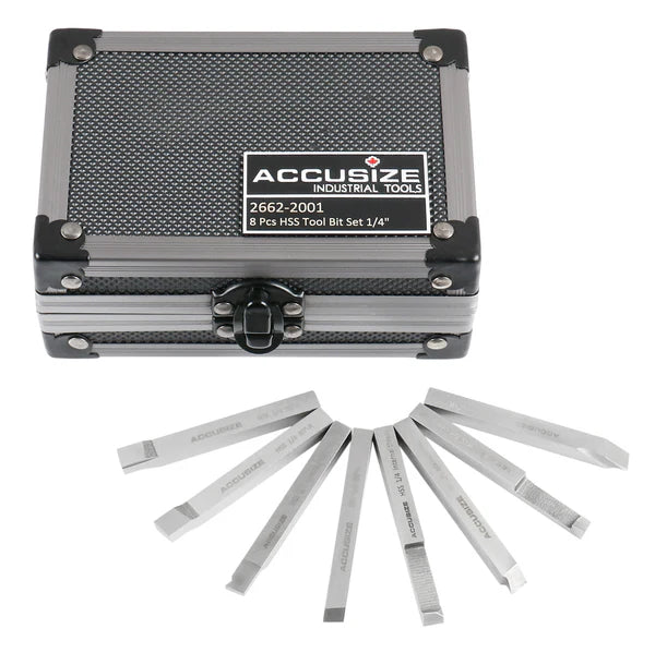 Accusize - 8 pcs H.S.S. Tool Bit Set, Pre-Ground for Turning & Facing Work, 1/4", 5/16", 3/8" & 1/2"
