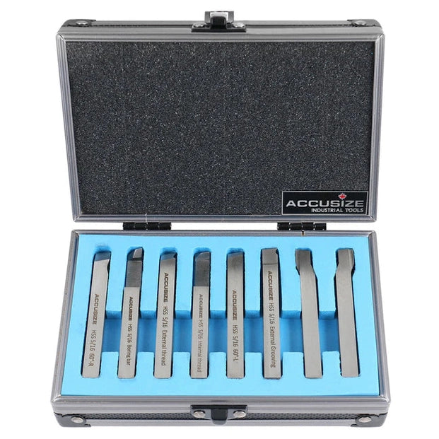 Accusize - 8 pcs H.S.S. Tool Bit Set, Pre-Ground for Turning & Facing Work, 1/4", 5/16", 3/8" & 1/2"