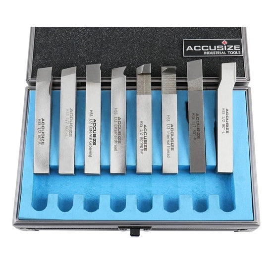 Accusize - 8 pcs H.S.S. Tool Bit Set, Pre-Ground for Turning & Facing Work, 1/4", 5/16", 3/8" & 1/2"