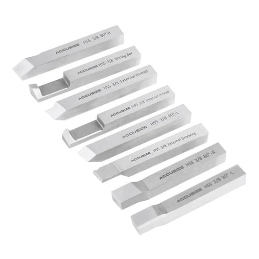 Accusize - 8 pcs H.S.S. Tool Bit Set, Pre-Ground for Turning & Facing Work, 1/4", 5/16", 3/8" & 1/2"