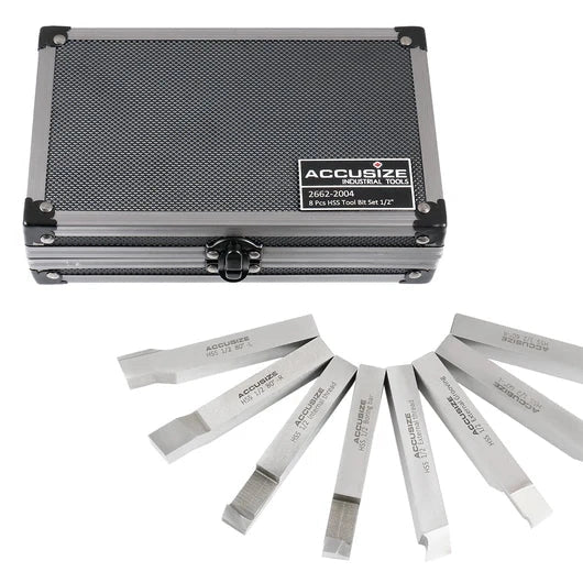 Accusize - 8 pcs H.S.S. Tool Bit Set, Pre-Ground for Turning & Facing Work, 1/4", 5/16", 3/8" & 1/2"