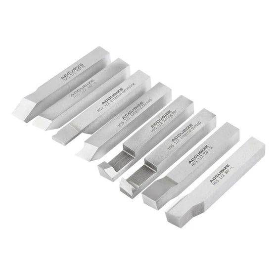 Accusize - 8 pcs H.S.S. Tool Bit Set, Pre-Ground for Turning & Facing Work, 1/4", 5/16", 3/8" & 1/2"