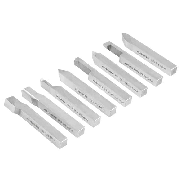 Accusize - 8 pcs H.S.S. Tool Bit Set, Pre-Ground for Turning & Facing Work, 1/4", 5/16", 3/8" & 1/2"