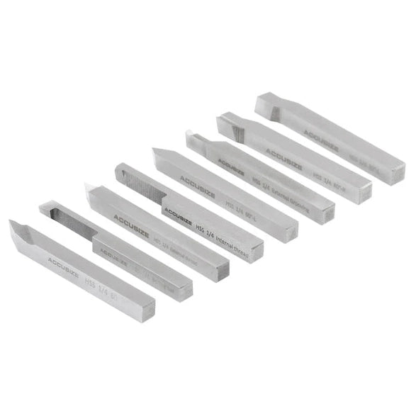 Accusize - 8 pcs H.S.S. Tool Bit Set, Pre-Ground for Turning & Facing Work, 1/4", 5/16", 3/8" & 1/2"