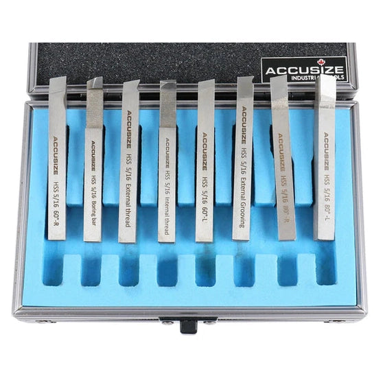 Accusize - 8 pcs H.S.S. Tool Bit Set, Pre-Ground for Turning & Facing Work, 1/4", 5/16", 3/8" & 1/2"