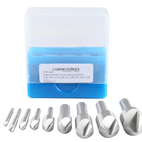 Accusize - Single Flute HSS Countersink Sets, 9 pcs/set