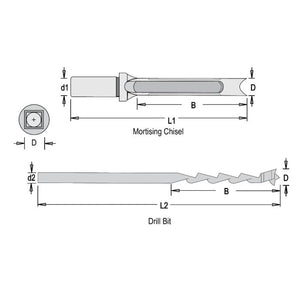 Dimar MQC-005 - 1/2" Dia, Hardened Steel, Mortising Chisel and Drill Bit Set. 3/4" Shank, Cutting Length 3 5/32", Length 8 1/4"