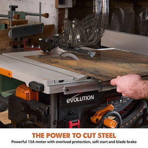 Evolution R10TBLX Multi-Material Table Saw with Wheeled Scissor Stand | 10 in. Multi-Material Cutting Blade