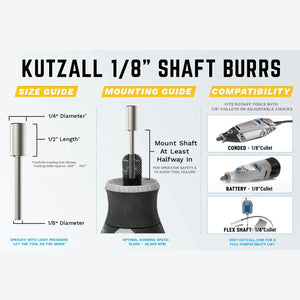 KUTZALL - 1/8" SHAFT, CYLINDER BURRS