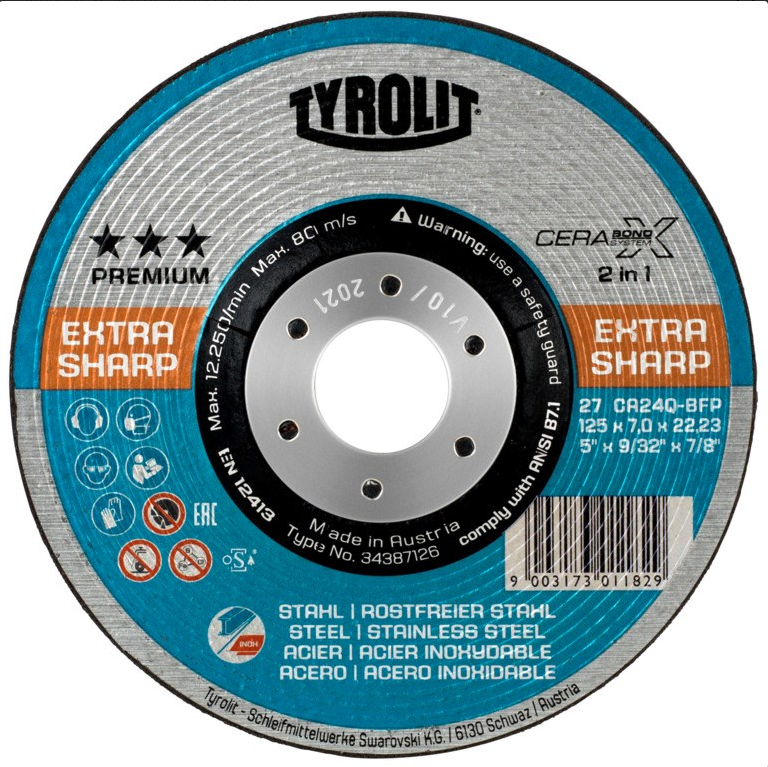 TYROLIT 34387126 Premium Grinding Wheel 24 Grit 5 in Type 27, Cerabond 7/8 in