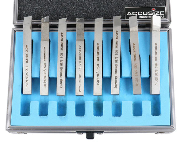 Accusize - 8 pcs H.S.S. Tool Bit Set, Pre-Ground for Turning & Facing Work, 1/4", 5/16", 3/8" & 1/2"