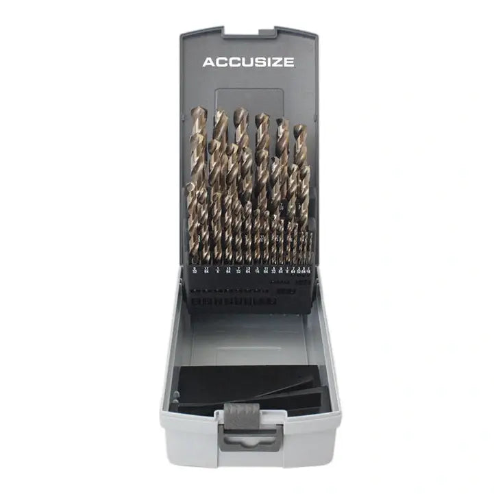 Accusize 0422-0029 - 29 Ps/set 135 Degree Split Point, M35 HSS+5% Cobalt , 1/16" - 1/2" by 1/64" Jobber Drill Set in Germany Rose-Plastic Box, Cobalt drill bit set