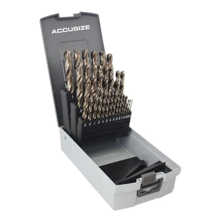 Accusize 0422-0029 - 29 Ps/set 135 Degree Split Point, M35 HSS+5% Cobalt , 1/16" - 1/2" by 1/64" Jobber Drill Set in Germany Rose-Plastic Box, Cobalt drill bit set
