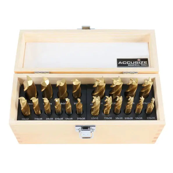 Accusize 1810-0100 - 20pc Tin Coated End Mill Set, Imperial