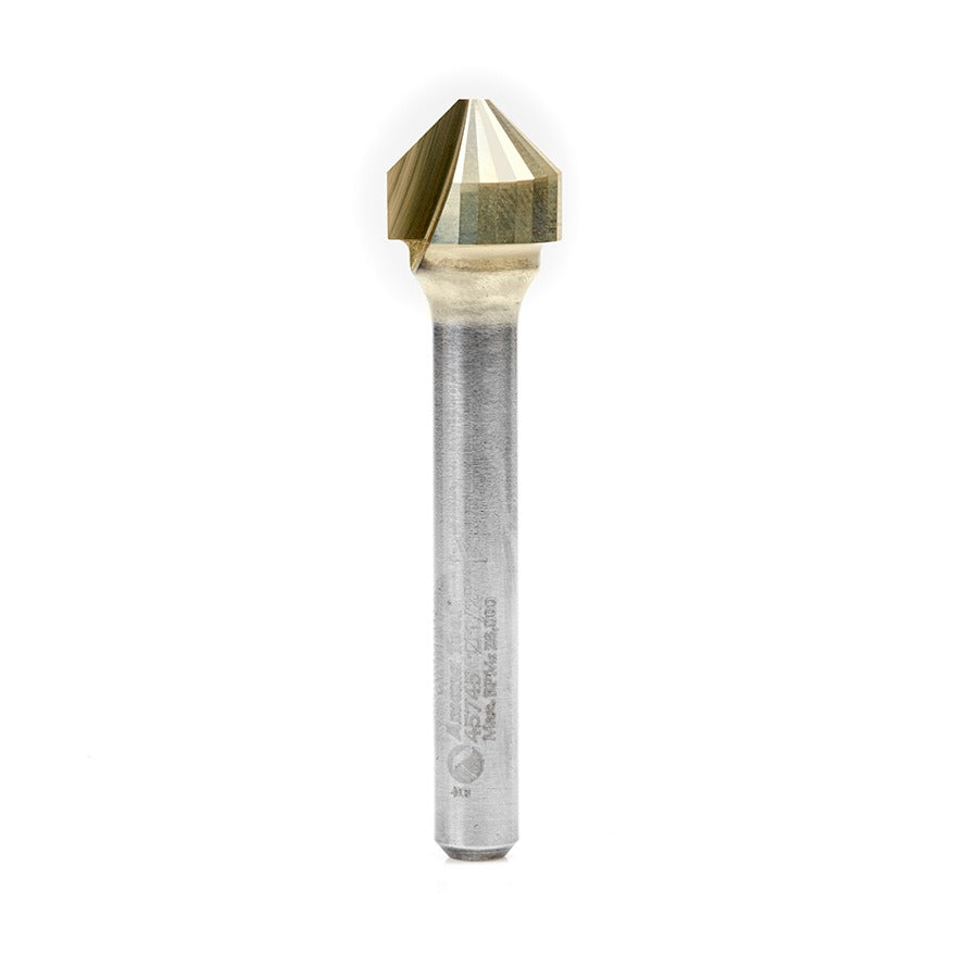 Amana 45745 Carbide V-Groove 90 Deg. Folding for Composite Material Panels Like TCM, CCM, ACM, 0.090 Inch Tip Width x 13/64" x 1/2" Dia. x 1/4" Shank ZrN Coated Router Bit