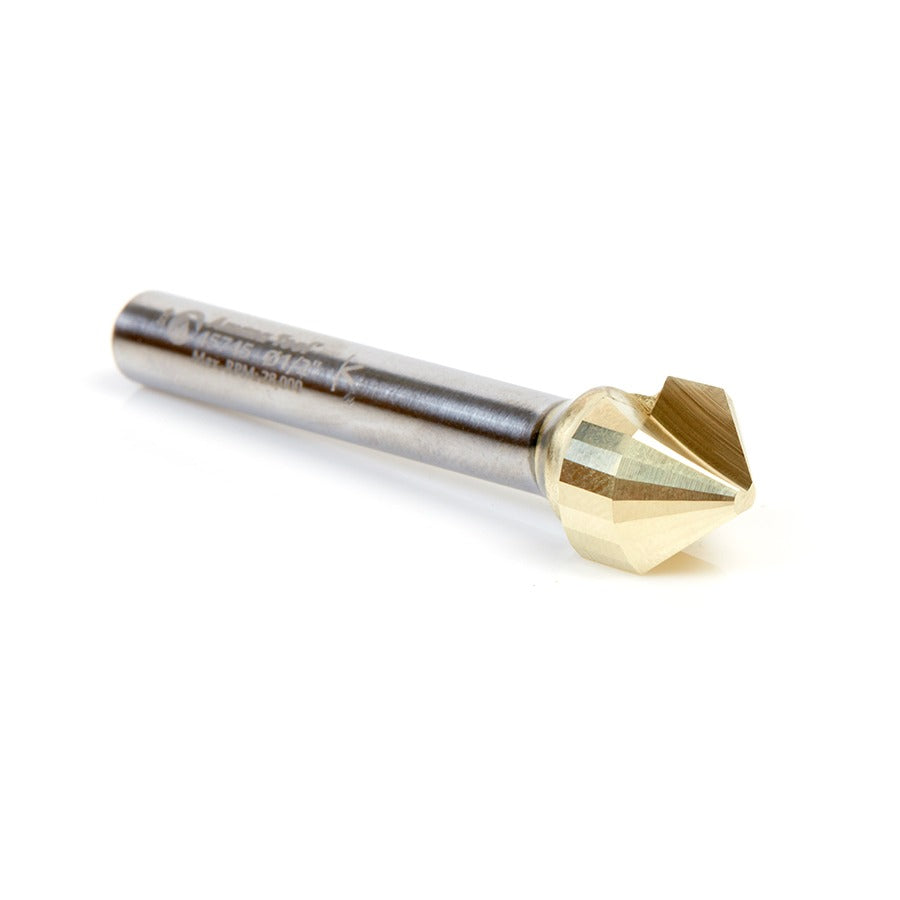 Amana 45745 Carbide V-Groove 90 Deg. Folding for Composite Material Panels Like TCM, CCM, ACM, 0.090 Inch Tip Width x 13/64" x 1/2" Dia. x 1/4" Shank ZrN Coated Router Bit