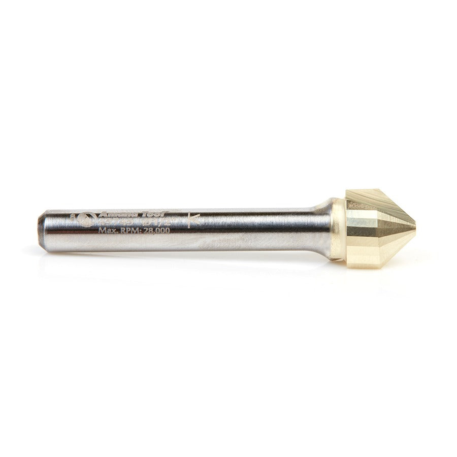 Amana 45745 Carbide V-Groove 90 Deg. Folding for Composite Material Panels Like TCM, CCM, ACM, 0.090 Inch Tip Width x 13/64" x 1/2" Dia. x 1/4" Shank ZrN Coated Router Bit