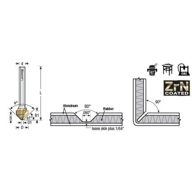 Amana 45745 Carbide V-Groove 90 Deg. Folding for Composite Material Panels Like TCM, CCM, ACM, 0.090 Inch Tip Width x 13/64" x 1/2" Dia. x 1/4" Shank ZrN Coated Router Bit