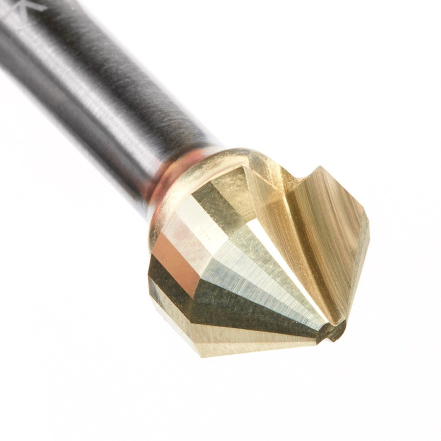 Amana 45745 Carbide V-Groove 90 Deg. Folding for Composite Material Panels Like TCM, CCM, ACM, 0.090 Inch Tip Width x 13/64" x 1/2" Dia. x 1/4" Shank ZrN Coated Router Bit