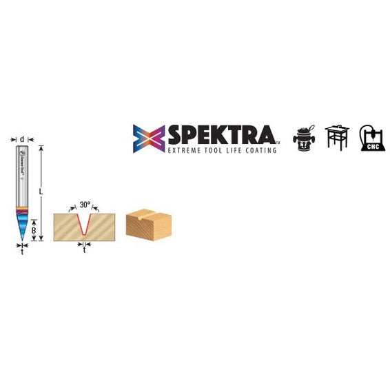 Amana 45771-K Solid Carbide 30 Degree Engraving 0.005 Tip Width x 1/4" Shank Signmaking Spektra™ Extreme Tool Life Coated Router Bit