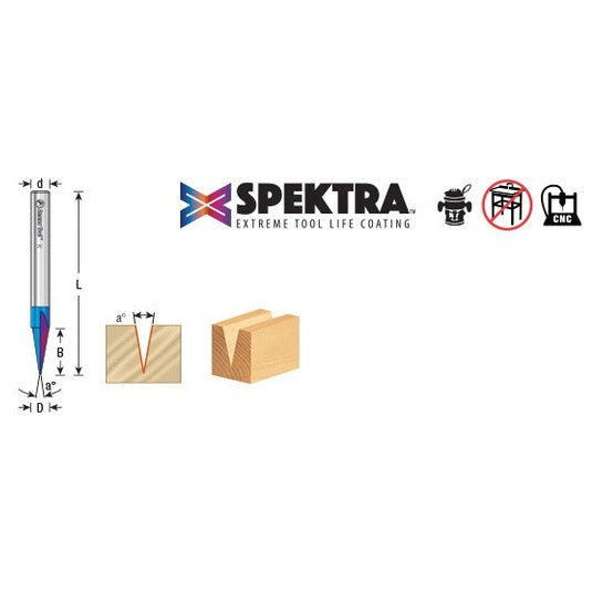 Amana 45783-K Solid Carbide Carving Liner 18 Deg x 1/4" Dia x 5/8" x 1/4" Shank x 1-Flute Spektra™ Extreme Tool Life Coated Router Bit