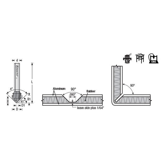 Amana 45792 Carbide Tipped Double Edge Folding V-Groove 90 Deg x 0.090 Inch Tip Width x 1/2" Dia x 13/64" x 1/4" Shank