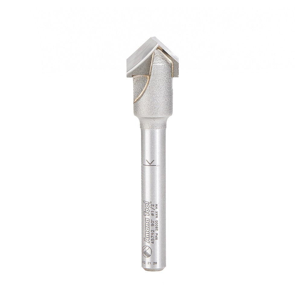 Amana 45792 Carbide Tipped Double Edge Folding V-Groove 90 Deg x 0.090 Inch Tip Width x 1/2" Dia x 13/64" x 1/4" Shank