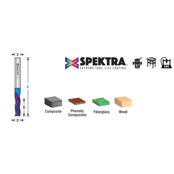 Amana 46094-K Solid Carbide Up-Cut Spiral 1/4" Dia x 3/4" x 1/4" Shank x 2-1/2" Long Composite, Fiberglass & Phenolic Cutting Spektra™ Extreme Tool Life Coated Router Bit