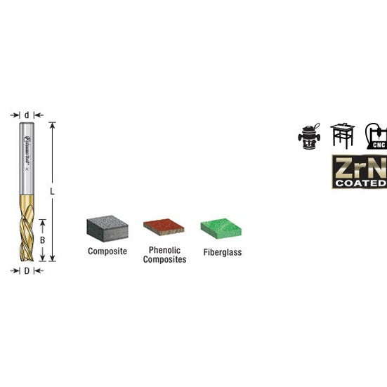 Amana 46097 Solid Carbide Spiral 1/4" Dia x 3/4" x 1/4" Shank x 2-1/2" Long Composite, Fiberglass & Phenolic Cutting ZrN Coated Down-Cut Router Bit