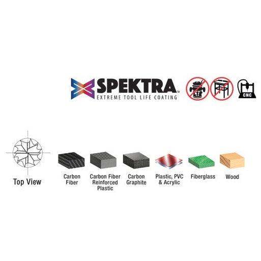 Amana 46264-K Solid Carbide CNC Spektra™ Extreme Tool Life Coated Spiral Carbon Graphite & Carbon Fiber Panel Cutting 1/4" Dia x 3/4" x 1/4" Shank x 3" Long Down-Cut Router Bit