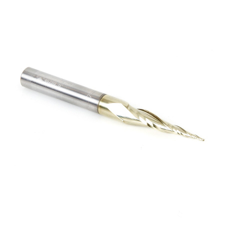 Amana 46280 CNC 2D and 3D Carving 6.2 Deg Tapered Angle Ball Tip x 1/32" Dia x 1/64" Radius x 1" x 1/4" Shank x 3" Long x 3 Flute Solid Carbide Up-Cut Spiral ZrN Coated Router Bit