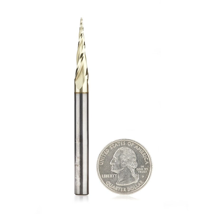 Amana 46280 CNC 2D and 3D Carving 6.2 Deg Tapered Angle Ball Tip x 1/32" Dia x 1/64" Radius x 1" x 1/4" Shank x 3" Long x 3 Flute Solid Carbide Up-Cut Spiral ZrN Coated Router Bit