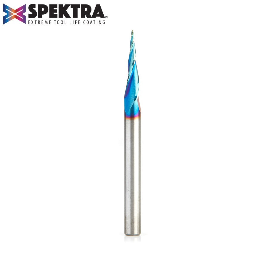 Amana 46280-K CNC 2D and 3D Carving 6.2 Deg Tapered Angle Ball Tip x 1/32" Dia x 1/64" Radius x 1" x 1/4" Shank x 3" Long x 3 Flute Solid Carbide Up-Cut Spiral Spektra™ Extreme Tool Life Coated Router Bit