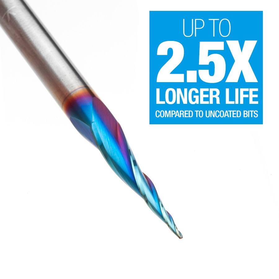 Amana 46280-K CNC 2D and 3D Carving 6.2 Deg Tapered Angle Ball Tip x 1/32" Dia x 1/64" Radius x 1" x 1/4" Shank x 3" Long x 3 Flute Solid Carbide Up-Cut Spiral Spektra™ Extreme Tool Life Coated Router Bit