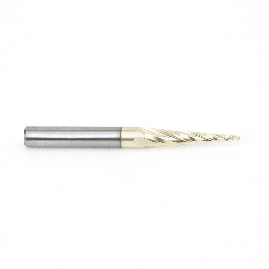 Amana 46282 CNC 2D and 3D Carving 5.4 Deg Tapered Angle Ball Tip 1/16" Dia x 1/32" Radius x 1" x 1/4" Shank x 3" Long x 4 Flute Solid Carbide Up-Cut Spiral ZrN Coated Router Bit