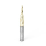 Amana 46282 CNC 2D and 3D Carving 5.4 Deg Tapered Angle Ball Tip 1/16" Dia x 1/32" Radius x 1" x 1/4" Shank x 3" Long x 4 Flute Solid Carbide Up-Cut Spiral ZrN Coated Router Bit