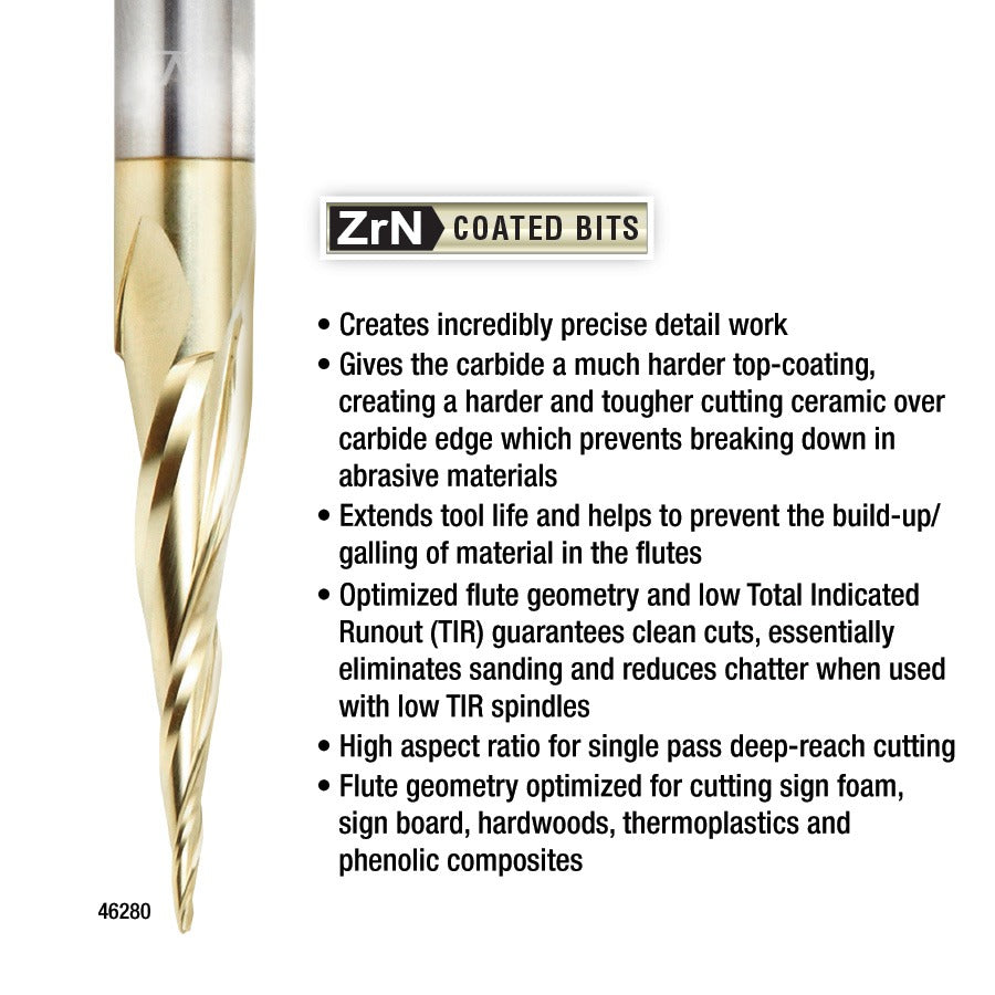 Amana 46282 CNC 2D and 3D Carving 5.4 Deg Tapered Angle Ball Tip 1/16" Dia x 1/32" Radius x 1" x 1/4" Shank x 3" Long x 4 Flute Solid Carbide Up-Cut Spiral ZrN Coated Router Bit