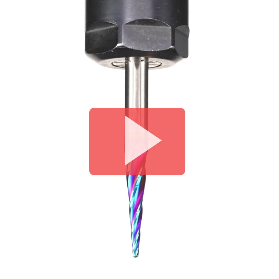 Amana 46282-K CNC 2D and 3D Carving 5.4 Deg Tapered Angle Ball Tip 1/16" Dia x 1/32" Radius x 1" x 1/4" Shank x 3" Long x 4 Flute Solid Carbide Up-Cut Spiral Spektra™ Extreme Tool Life Coated Router Bit
