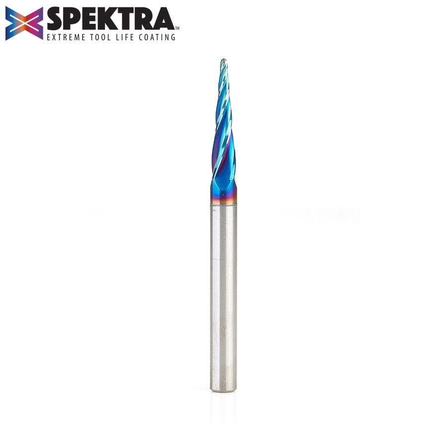 Amana 46282-K CNC 2D and 3D Carving 5.4 Deg Tapered Angle Ball Tip 1/16" Dia x 1/32" Radius x 1" x 1/4" Shank x 3" Long x 4 Flute Solid Carbide Up-Cut Spiral Spektra™ Extreme Tool Life Coated Router Bit