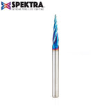 Amana 46282-K CNC 2D and 3D Carving 5.4 Deg Tapered Angle Ball Tip 1/16" Dia x 1/32" Radius x 1" x 1/4" Shank x 3" Long x 4 Flute Solid Carbide Up-Cut Spiral Spektra™ Extreme Tool Life Coated Router Bit