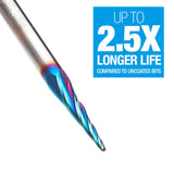 Amana 46282-K CNC 2D and 3D Carving 5.4 Deg Tapered Angle Ball Tip 1/16" Dia x 1/32" Radius x 1" x 1/4" Shank x 3" Long x 4 Flute Solid Carbide Up-Cut Spiral Spektra™ Extreme Tool Life Coated Router Bit