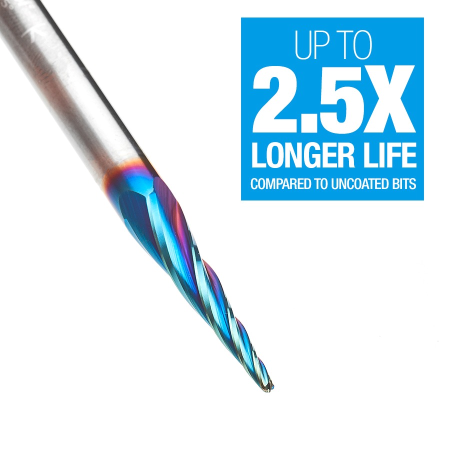 Amana 46282-K CNC 2D and 3D Carving 5.4 Deg Tapered Angle Ball Tip 1/16" Dia x 1/32" Radius x 1" x 1/4" Shank x 3" Long x 4 Flute Solid Carbide Up-Cut Spiral Spektra™ Extreme Tool Life Coated Router Bit