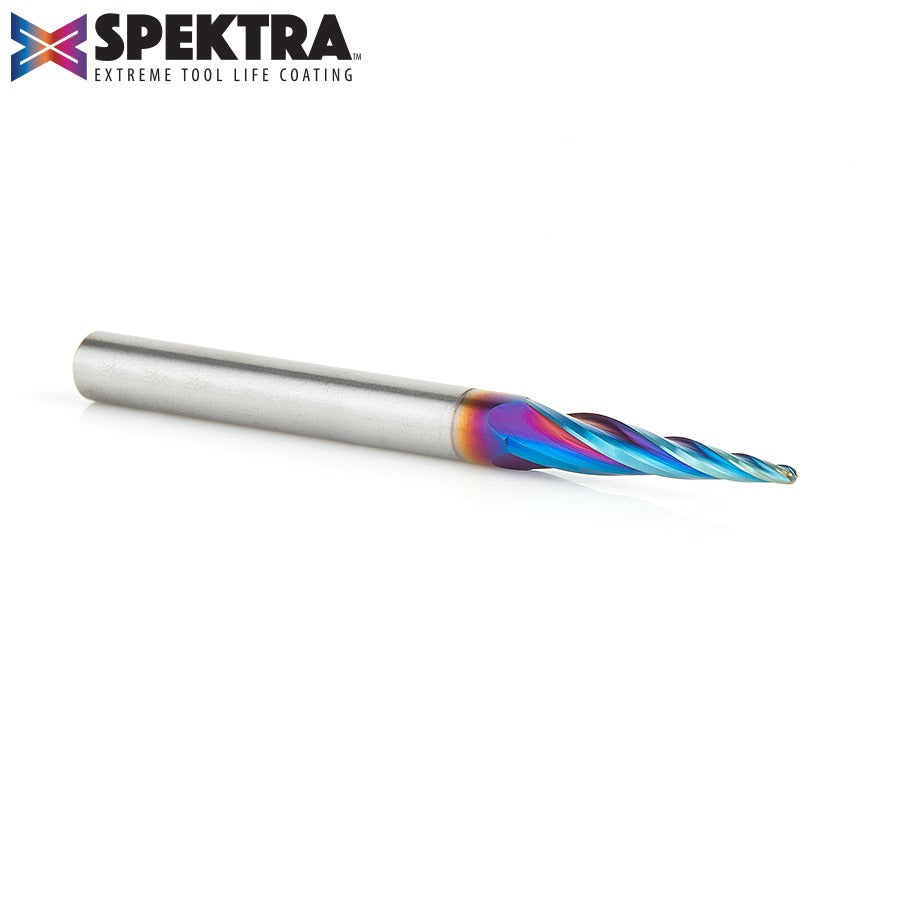 Amana 46282-K CNC 2D and 3D Carving 5.4 Deg Tapered Angle Ball Tip 1/16" Dia x 1/32" Radius x 1" x 1/4" Shank x 3" Long x 4 Flute Solid Carbide Up-Cut Spiral Spektra™ Extreme Tool Life Coated Router Bit