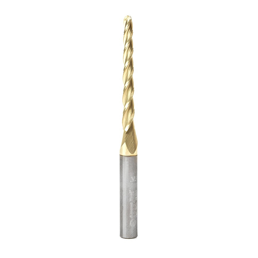 Amana 46284 CNC 2D and 3D Carving 1 Deg Tapered Angle Ball Tip 1/8" Dia x 1/16" Radius x 1-1/2" x 1/4" Shank x 3" Long x 3 Flute Solid Carbide Up-Cut Spiral ZrN Coated Router Bit