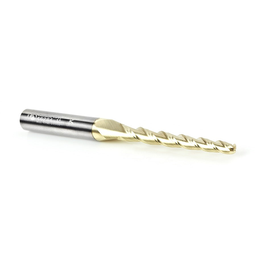 Amana 46284 CNC 2D and 3D Carving 1 Deg Tapered Angle Ball Tip 1/8" Dia x 1/16" Radius x 1-1/2" x 1/4" Shank x 3" Long x 3 Flute Solid Carbide Up-Cut Spiral ZrN Coated Router Bit