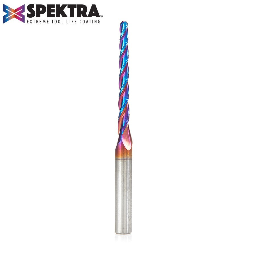 Amana 46284-K CNC 2D and 3D Carving 1 Deg Tapered Angle Ball Tip x 1/8" Dia x 1/16" Radius x 1-1/2" x 1/4" Shank x 3" Long x 3 Flute Solid Carbide Up-Cut Spiral Spektra™ Extreme Tool Life Coated Router Bit