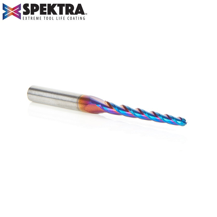 Amana 46284-K CNC 2D and 3D Carving 1 Deg Tapered Angle Ball Tip x 1/8" Dia x 1/16" Radius x 1-1/2" x 1/4" Shank x 3" Long x 3 Flute Solid Carbide Up-Cut Spiral Spektra™ Extreme Tool Life Coated Router Bit
