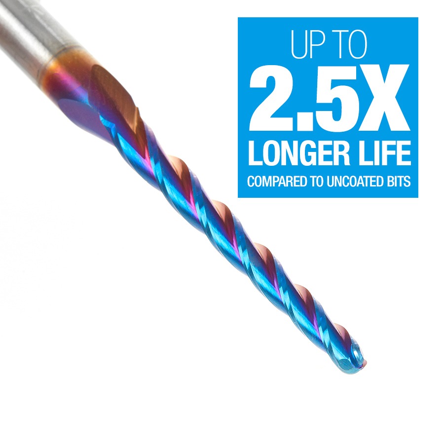 Amana 46284-K CNC 2D and 3D Carving 1 Deg Tapered Angle Ball Tip x 1/8" Dia x 1/16" Radius x 1-1/2" x 1/4" Shank x 3" Long x 3 Flute Solid Carbide Up-Cut Spiral Spektra™ Extreme Tool Life Coated Router Bit