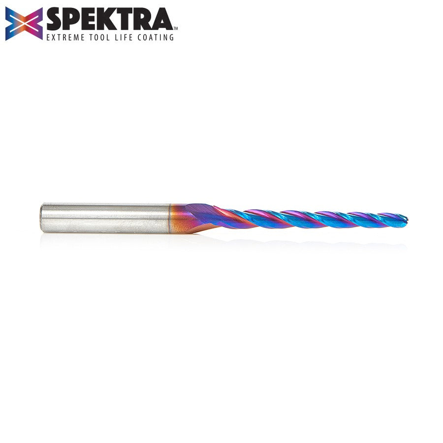 Amana 46284-K CNC 2D and 3D Carving 1 Deg Tapered Angle Ball Tip x 1/8" Dia x 1/16" Radius x 1-1/2" x 1/4" Shank x 3" Long x 3 Flute Solid Carbide Up-Cut Spiral Spektra™ Extreme Tool Life Coated Router Bit